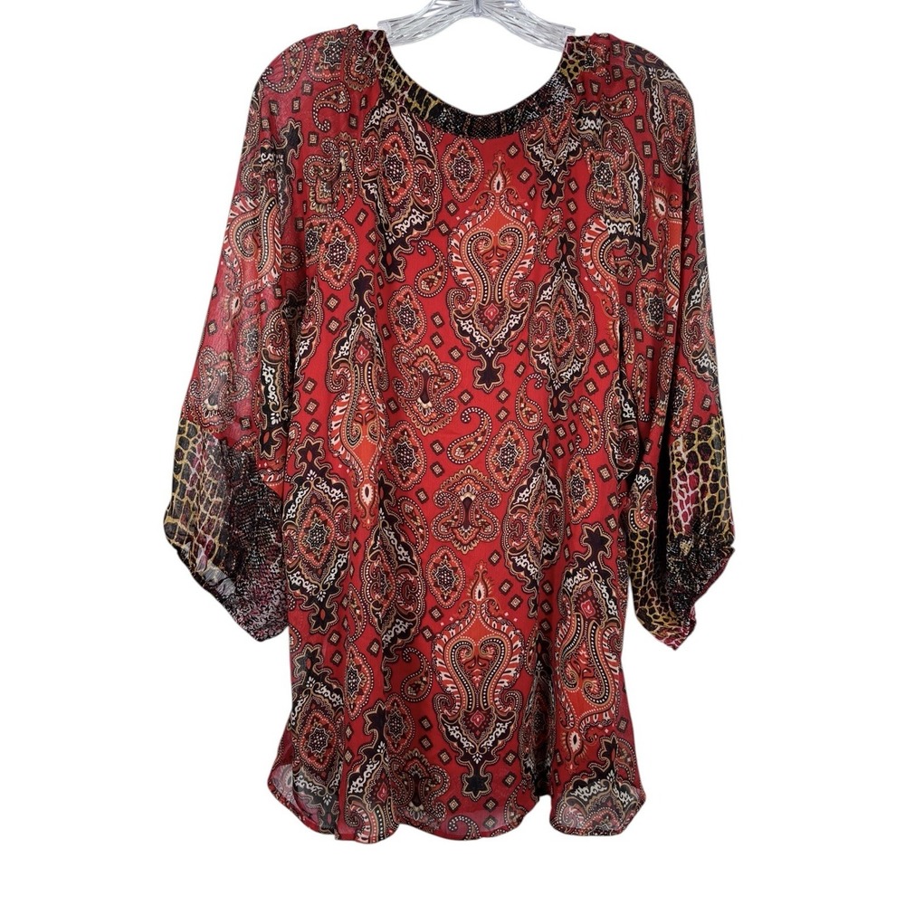FIG & FLOWER Sz 2X Top Sheer Boho Red Paisley Snakeskin Print Peasant Blouse Tie - Picture 3 of 9